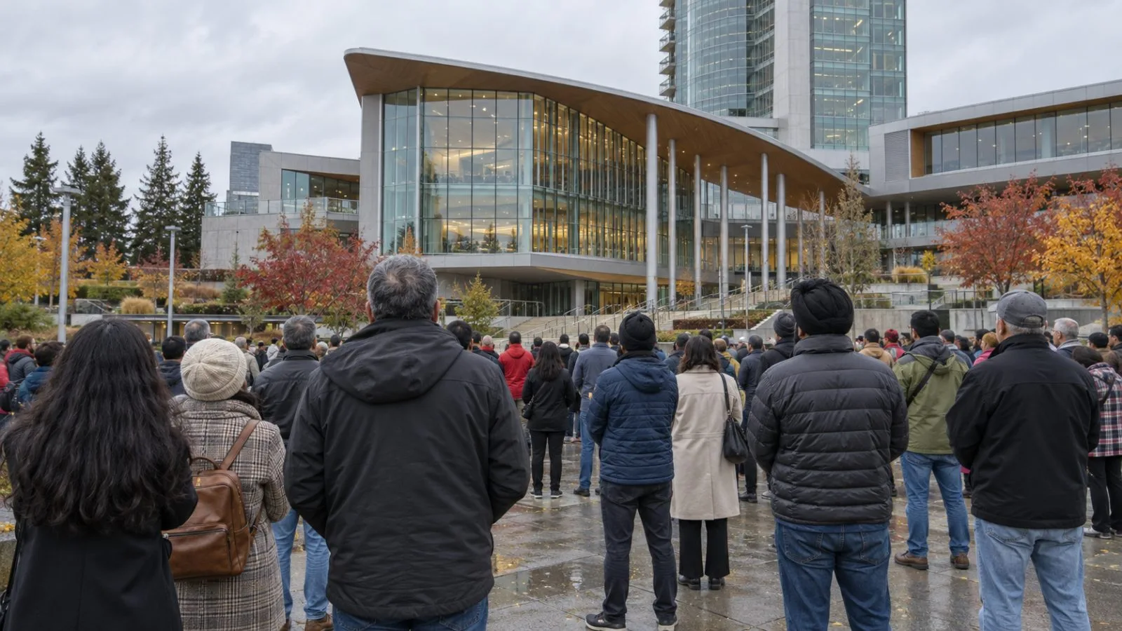 Supporters gather outside Surrey City Hall during a campaign rally in Surrey, British Columbia (AI-generated image / EconoTimes)