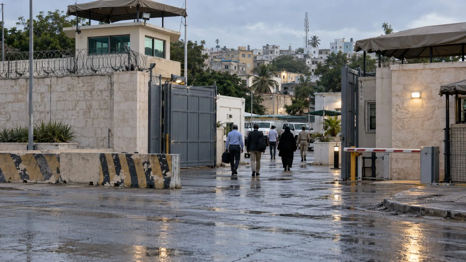 A United Nations compound entrance stands behind security barriers in Mogadishu, Somalia. / EconoTimes.ai