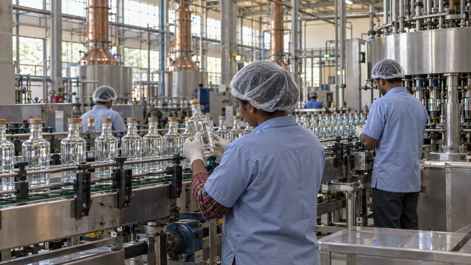 Bottles move along a production line at a distillery in Rampur, Uttar Pradesh, India. (AI-generated image / EconoTimes)