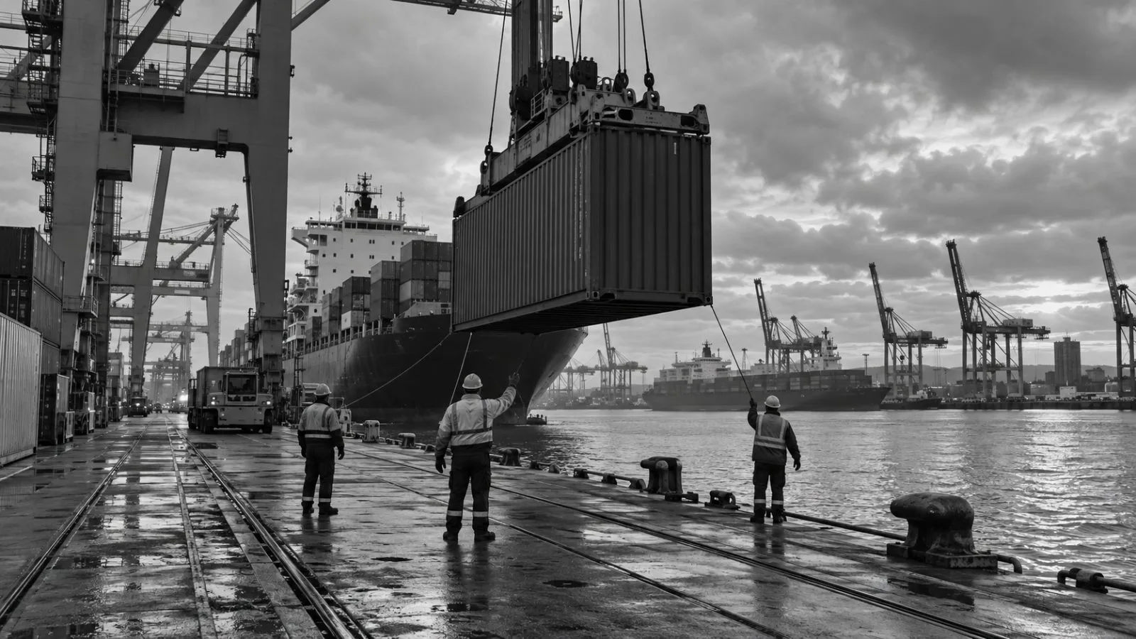 Dockworkers guide a container beneath a ship-to-shore crane at the Port of Le Havre, France. (AI-generated image / EconoTimes)