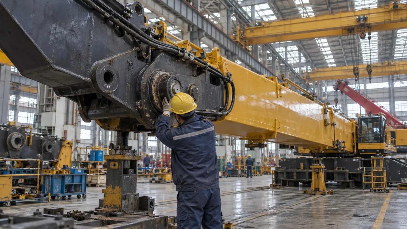 A worker inspects a crane assembly inside a heavy-equipment plant in Changsha, China. (AI-generated image / EconoTimes)