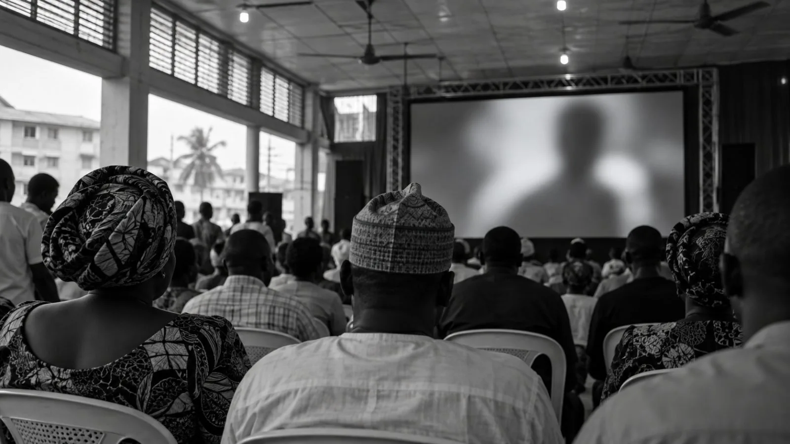 Campaign attendees watch a video address at a launch event in Lagos, Nigeria. (AI-generated image / EconoTimes)