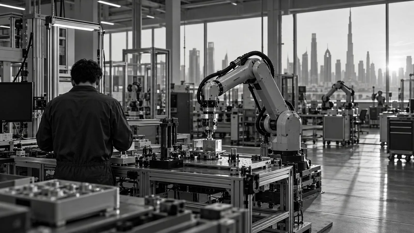 A robot arm handles a workpiece inside a data collection facility in Dubai, UAE. (AI-generated image / EconoTimes)