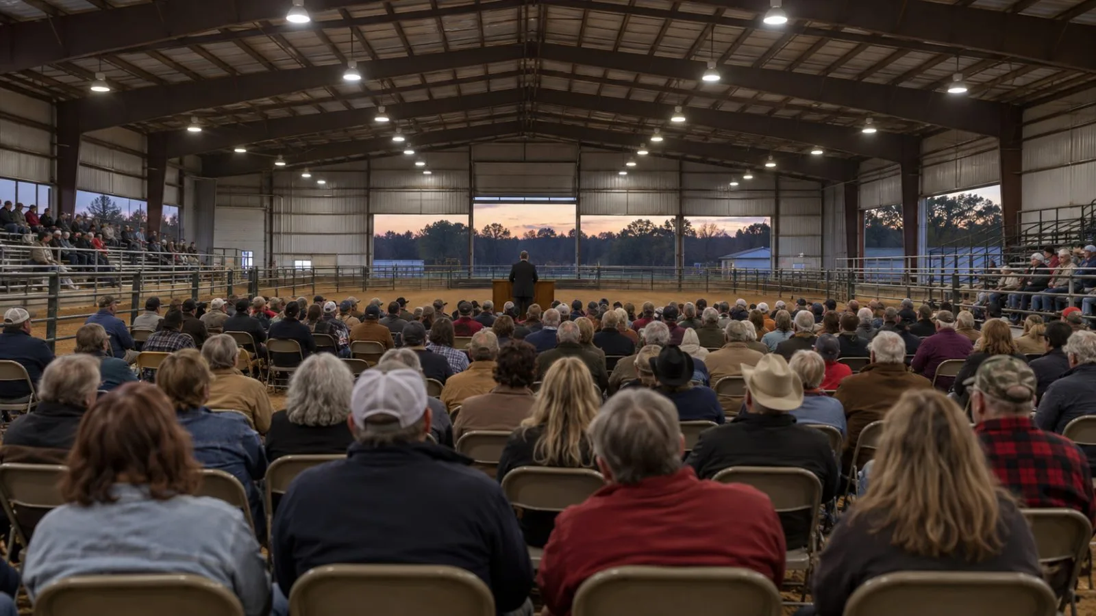 Rallygoers watch a silhouetted speaker at T. Ed Garrison Arena in Pendleton, South Carolina. (AI-generated image / EconoTimes)