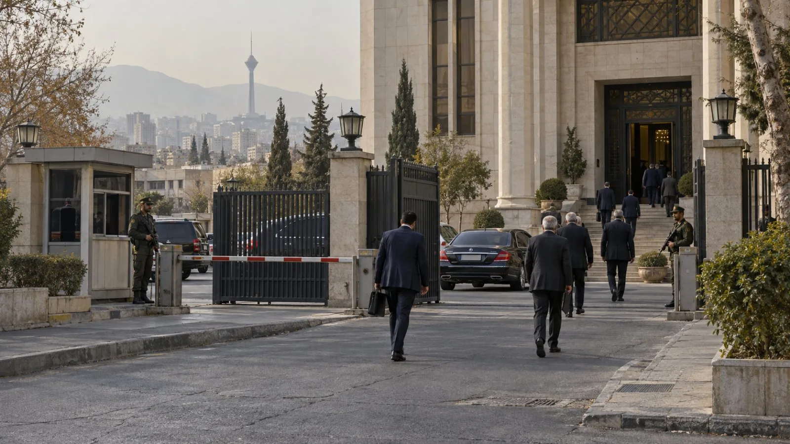 Visitors enter a guarded government building in Tehran on a hazy afternoon. (AI-generated image / EconoTimes)
