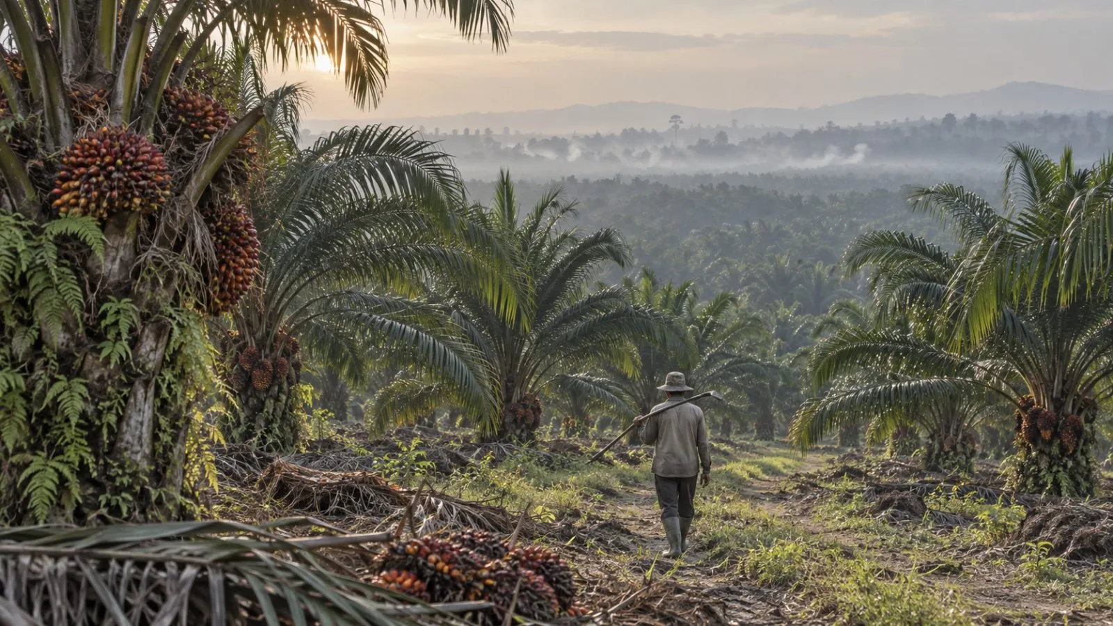 Haze hangs over rows of oil palms near Pekanbaru, Indonesia, at dawn. (AI-generated image / EconoTimes)