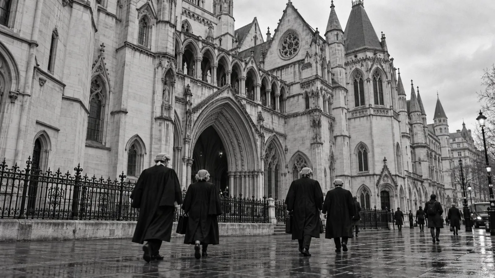 Barristers leave the Royal Courts of Justice on the Strand in London. (AI-generated image / EconoTimes)