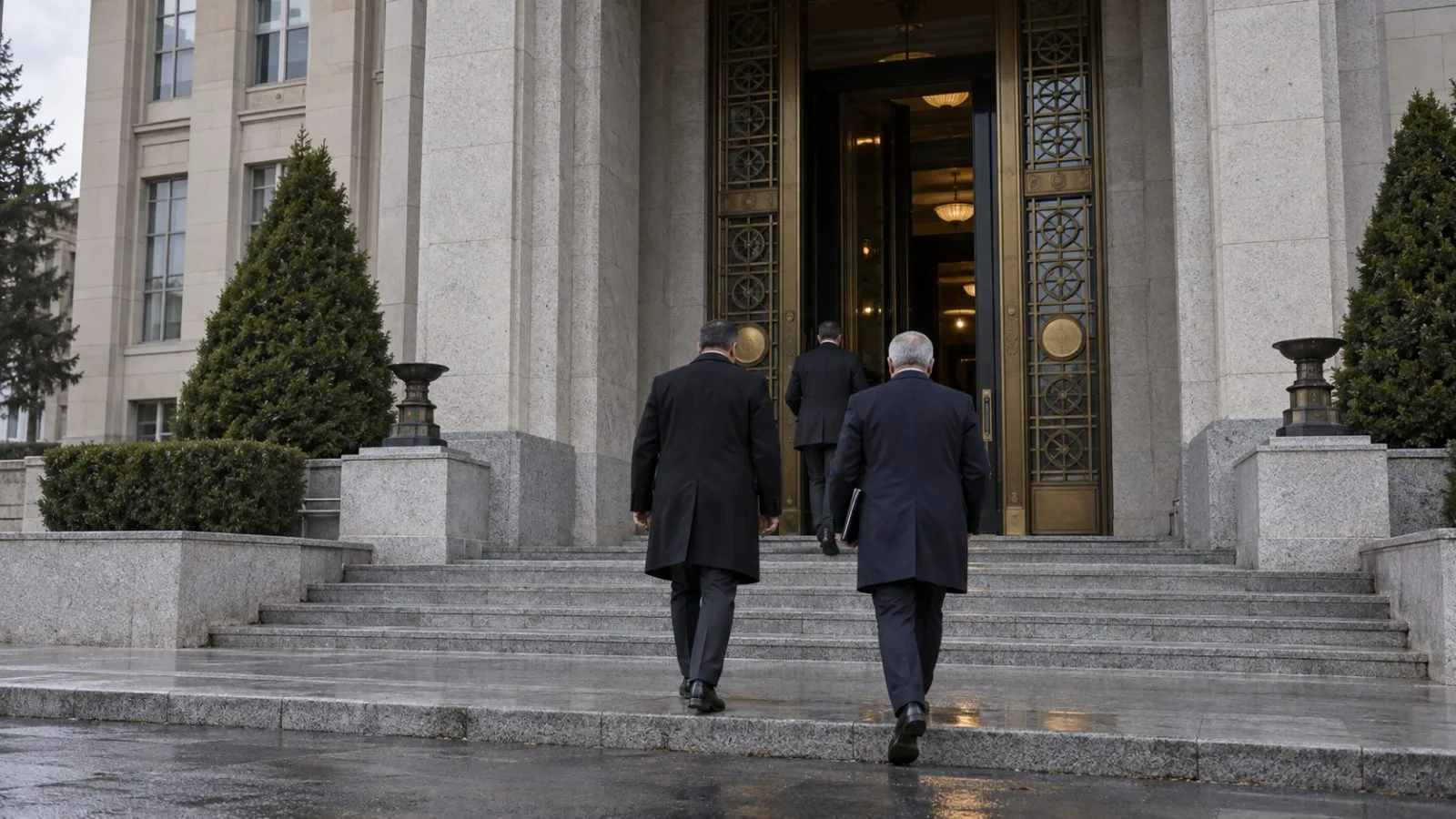 Officials enter the Turkish National Defense Ministry in Ankara beneath an overcast sky. (AI-generated image / EconoTimes)