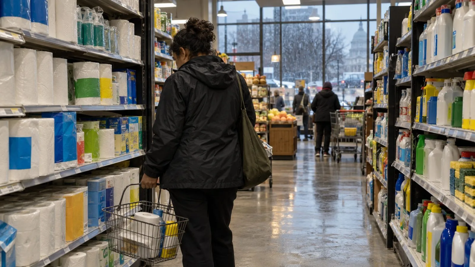 A shopper compares household staples in a Washington, D.C., supermarket aisle. (AI-generated image / EconoTimes)