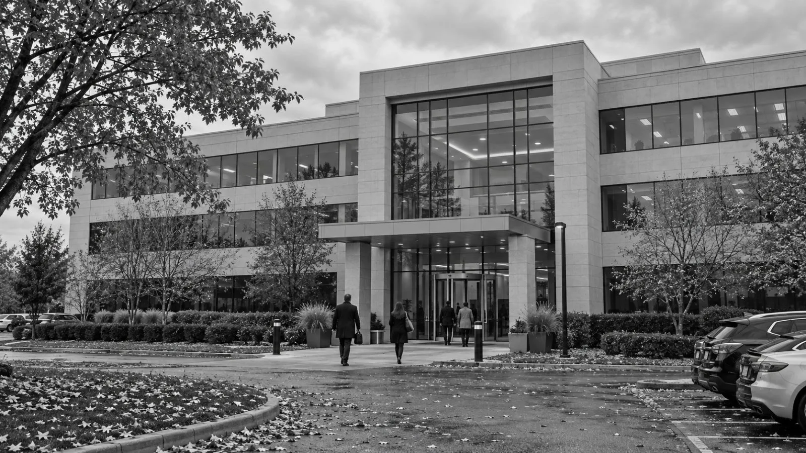 Employees enter a corporate office building along a landscaped drive in Northbrook, Illinois. / EconoTimes.ai