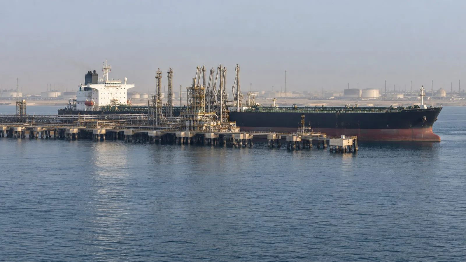 A crude oil tanker sits alongside the Ras Tanura terminal in Saudi Arabia. (AI-generated image / EconoTimes)