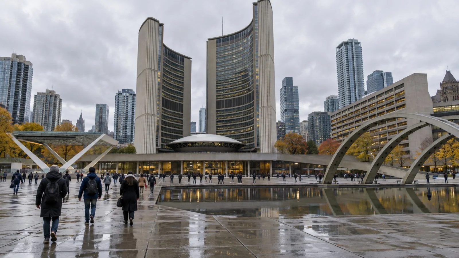 Pedestrians cross Nathan Phillips Square outside Toronto City Hall on an overcast afternoon. (AI-generated image / EconoTimes)