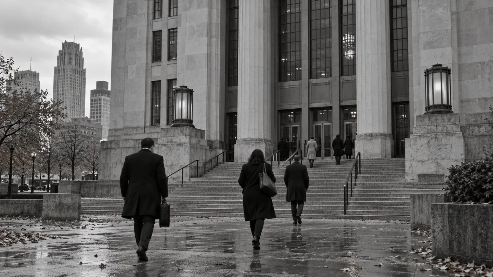 Visitors approach a federal courthouse entrance in Detroit beneath gray autumn skies. (AI-generated image / EconoTimes)