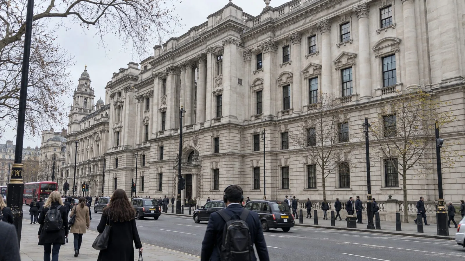 Pedestrians pass HM Revenue and Customs' headquarters on Parliament Street in London. (AI-generated image / EconoTimes)