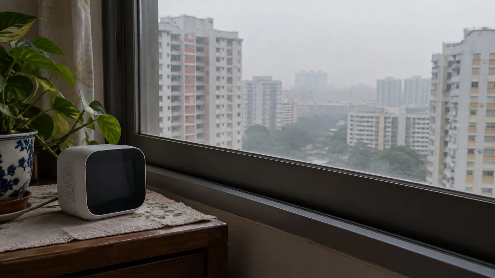 Haze softens neighboring public housing blocks beyond a closed window in a Singapore flat. (AI-generated image / EconoTimes)