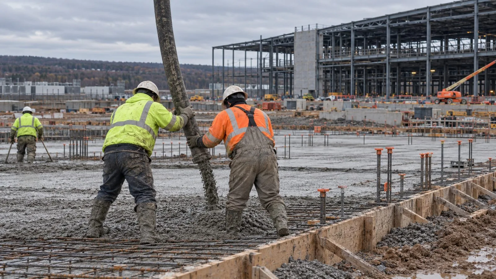 Workers guide a concrete pour at a data center construction site in Ashburn, Virginia (AI-generated image / EconoTimes)