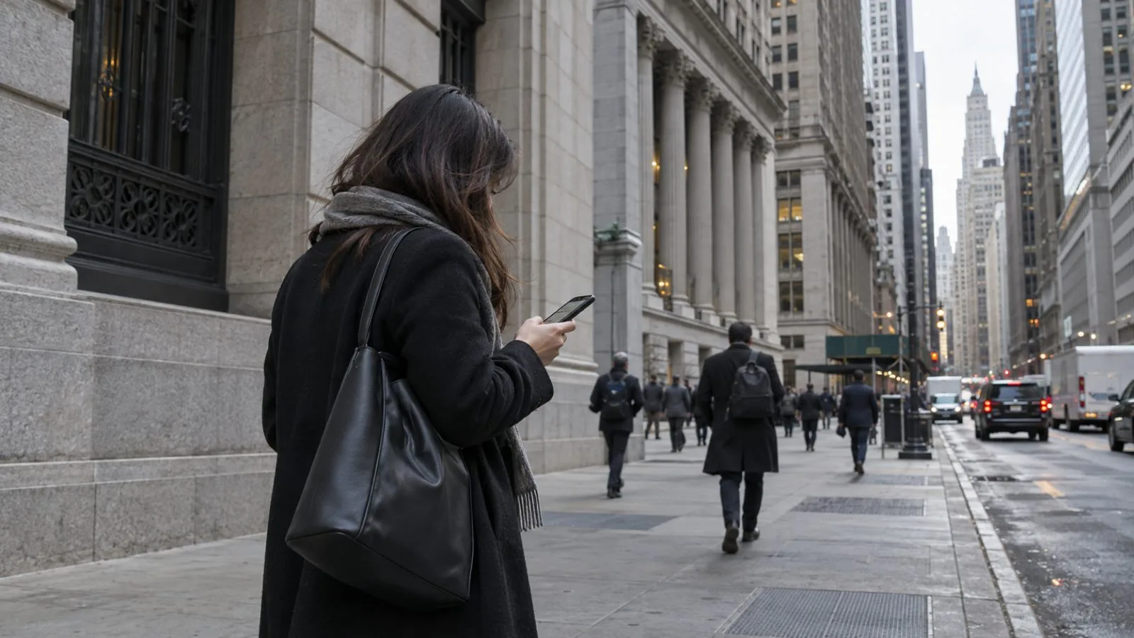 A passerby checks a phone on a Financial District sidewalk in New York. (AI-generated image / EconoTimes)