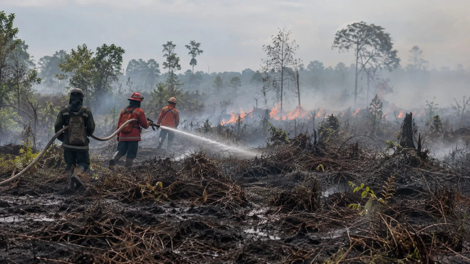 Firefighters work along a smoky peatland fire edge in Central Kalimantan, Indonesia (AI-generated image / EconoTimes)