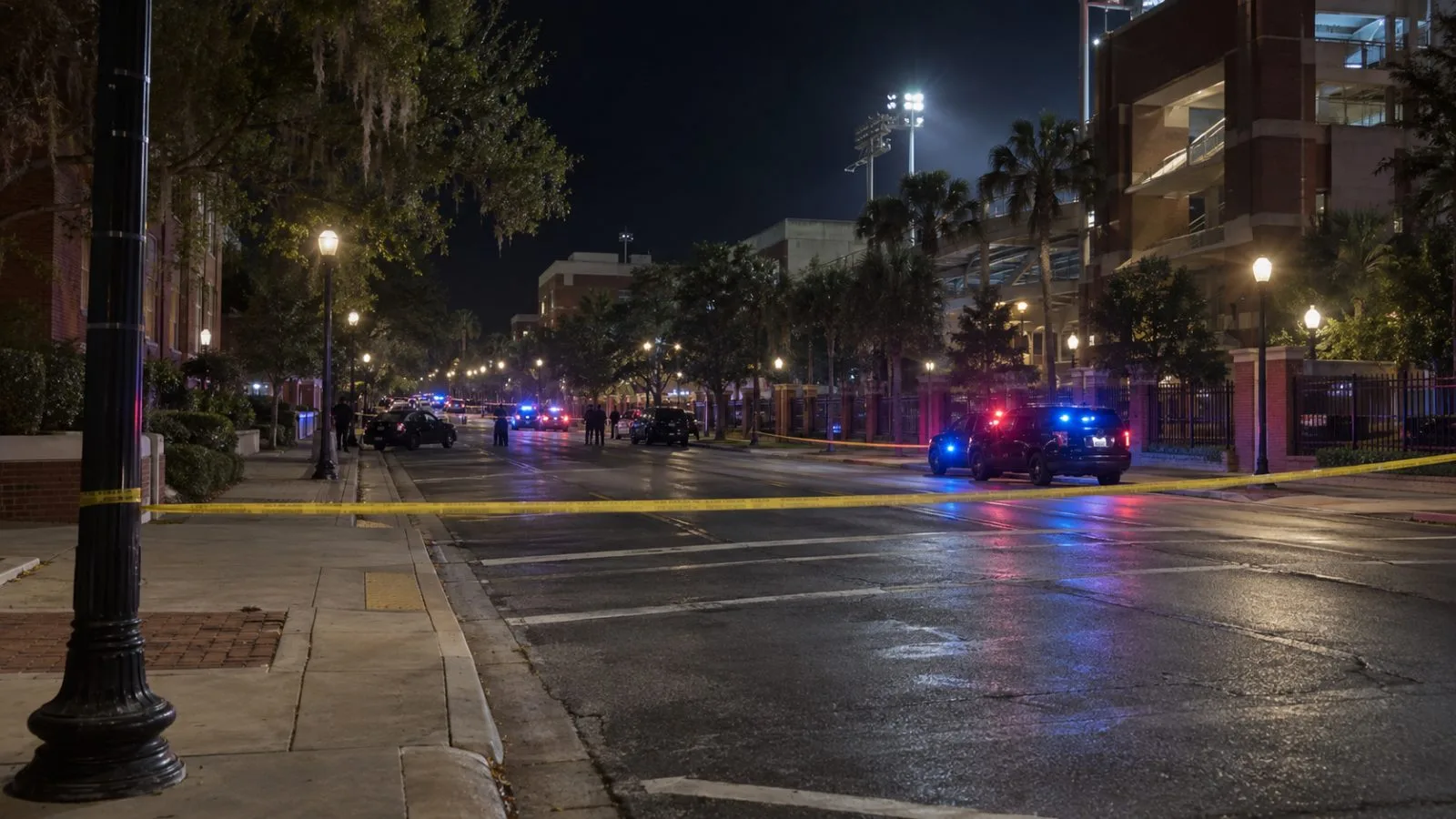 Police tape cordons a street near Florida A&M University's stadium in Tallahassee. (AI-generated image / EconoTimes)