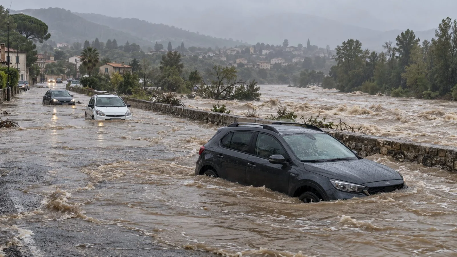 Vehicles stand in floodwater on a road in Ghisonaccia, Corsica, France. (AI-generated image / EconoTimes)