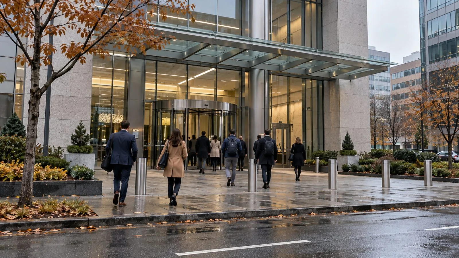 Employees enter an office building in Arlington, Virginia, on an overcast morning. / EconoTimes.ai