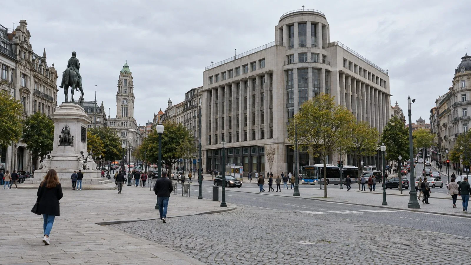 Pedestrians pass an office facade on Praça D. João I in Porto, Portugal. (AI-generated image / EconoTimes)