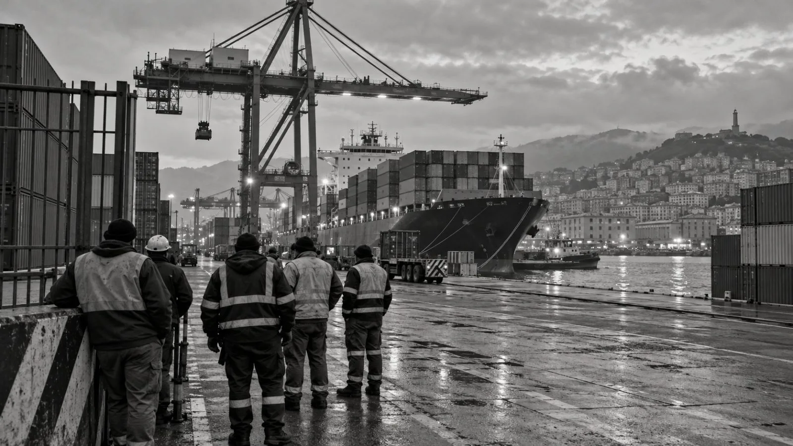 Dockworkers gather beside container stacks at the Port of Genoa in Italy. (AI-generated image / EconoTimes)