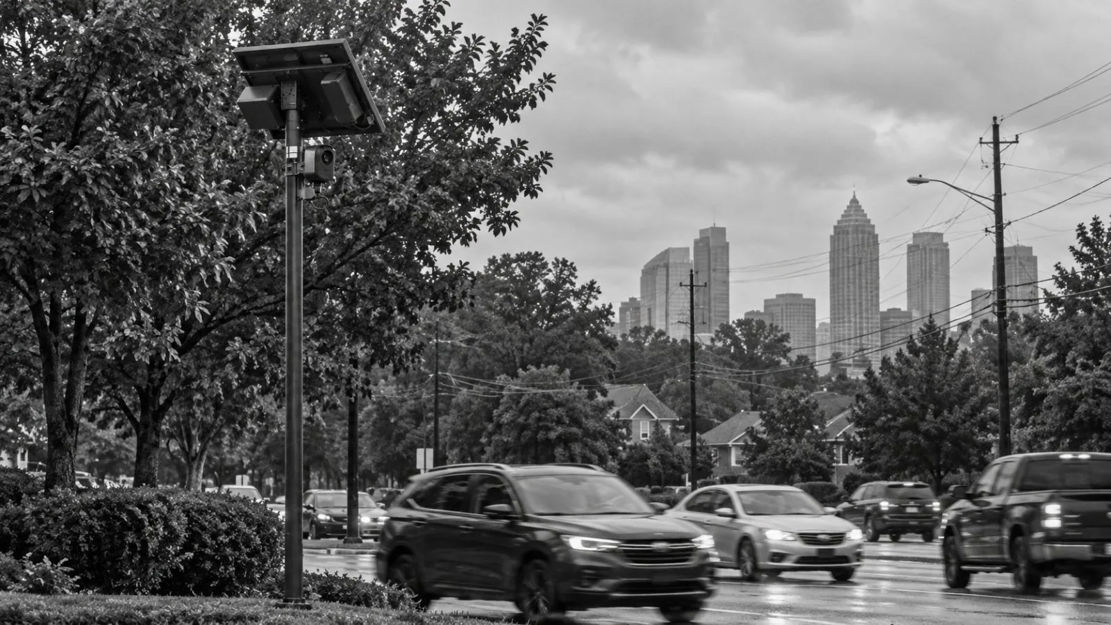A fixed license plate reader overlooks passing traffic on an Atlanta, Georgia, road. / EconoTimes.ai