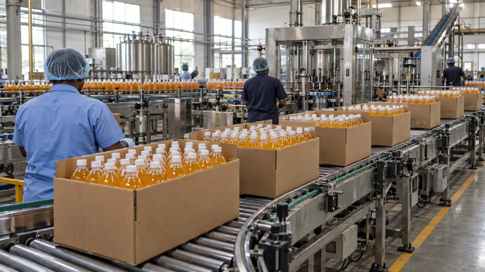 Cases move along a bottling line at a spirits plant in Rangapur, Telangana. (AI-generated image / EconoTimes)