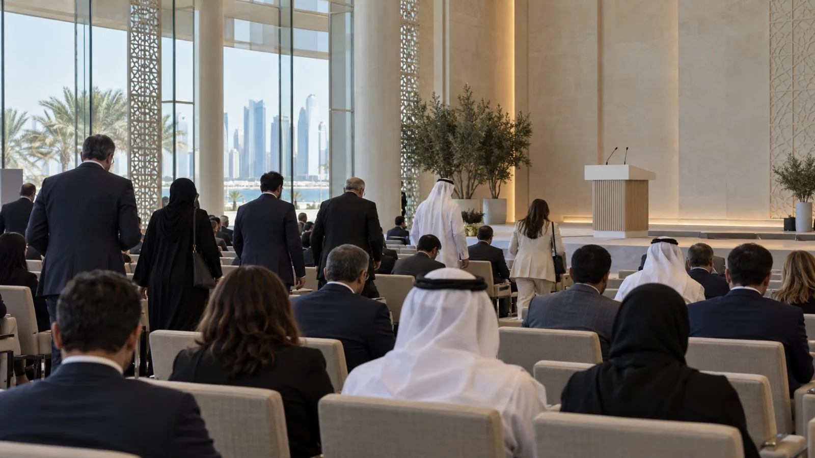 Delegates take their seats at the Global Security Forum in Doha, Qatar. (AI-generated image / EconoTimes)