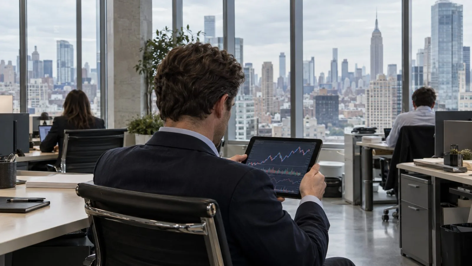 A worker studies a tablet inside an office on Park Avenue South, New York. (AI-generated image / EconoTimes)