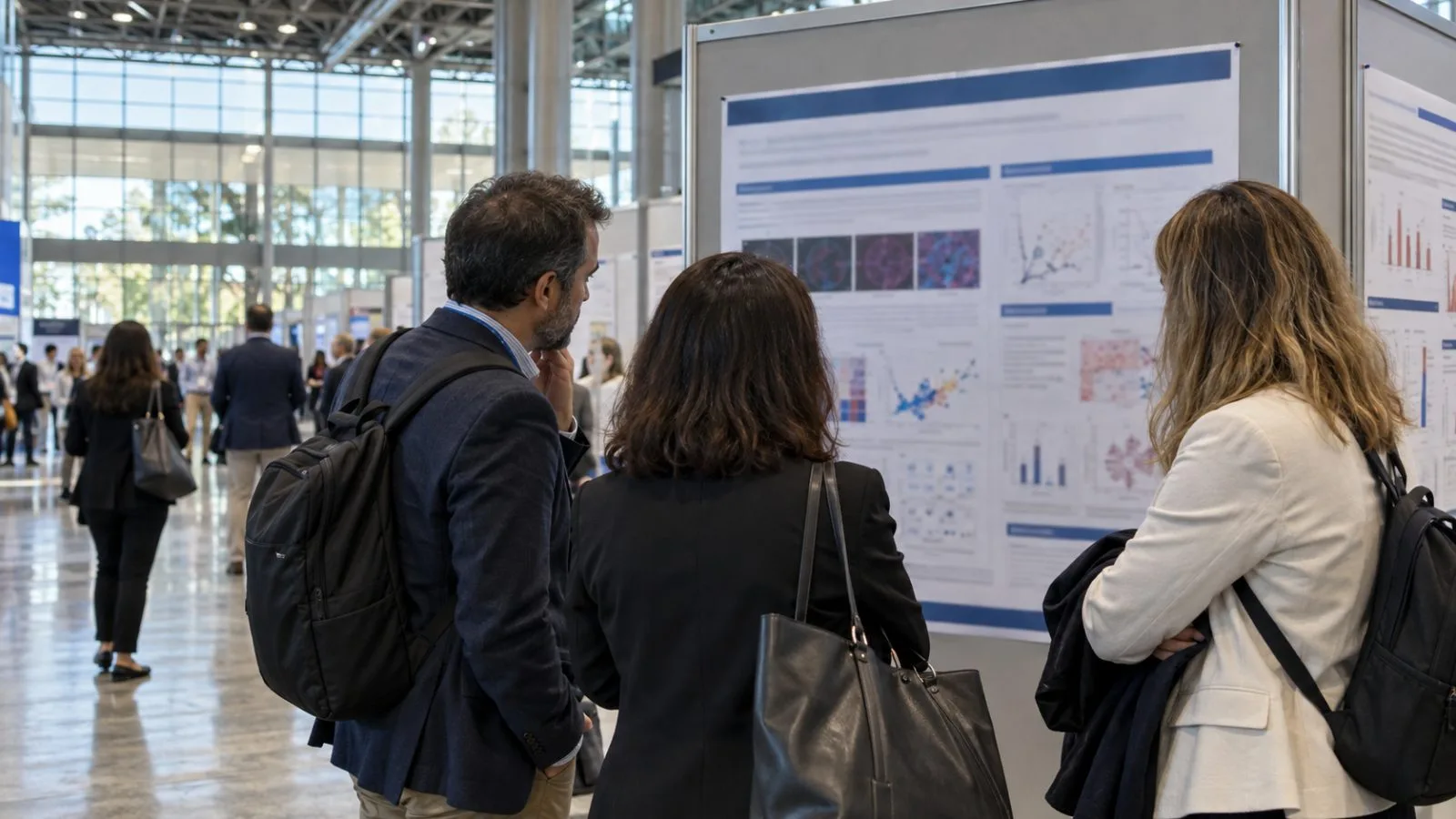 Oncologists review research displays at IFEMA MADRID during the ESMO Congress in Madrid, Spain. (AI-generated image / EconoTimes)