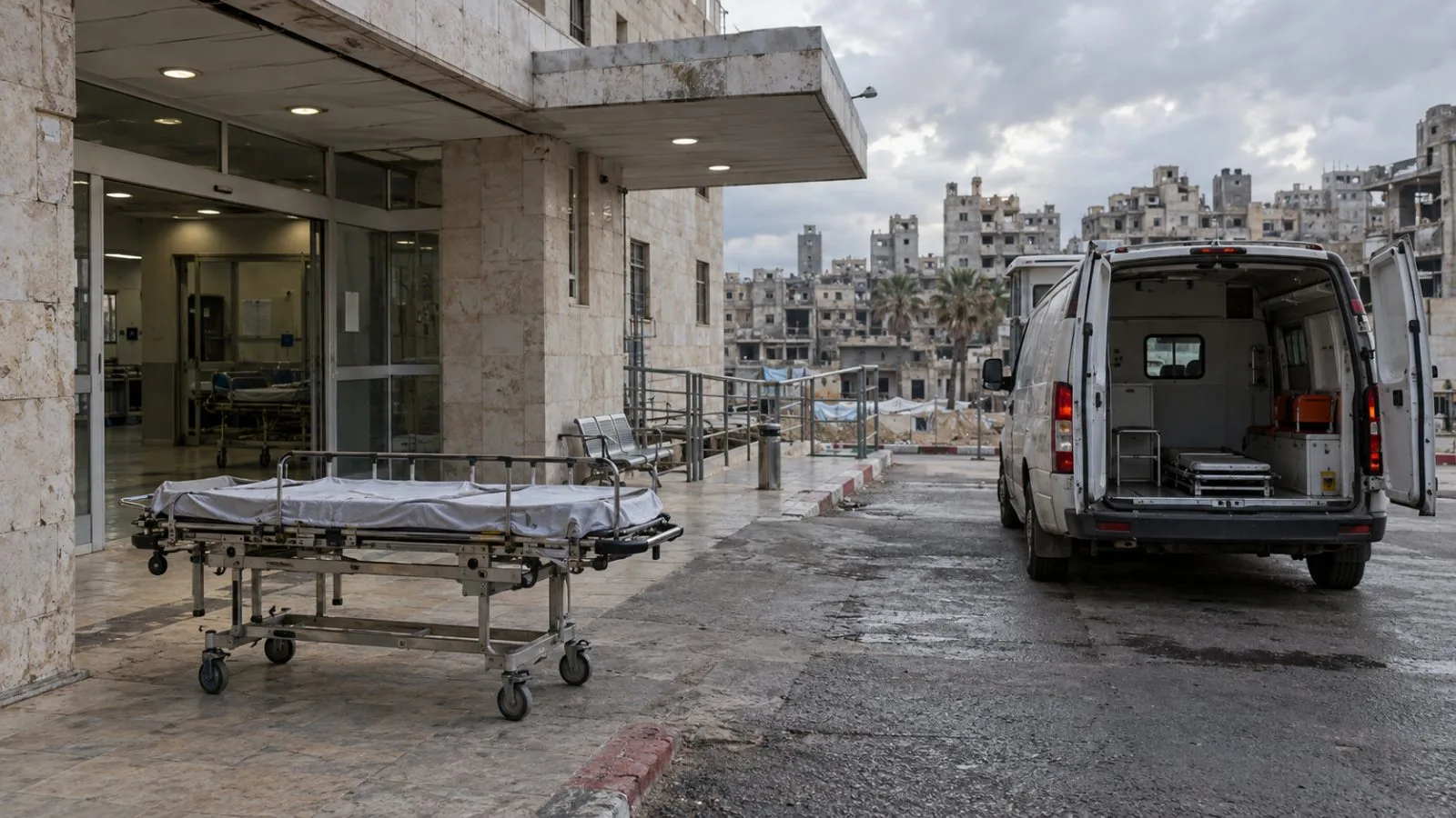 An ambulance waits outside a hospital entrance in Gaza City, Gaza Strip. (AI-generated image / EconoTimes)