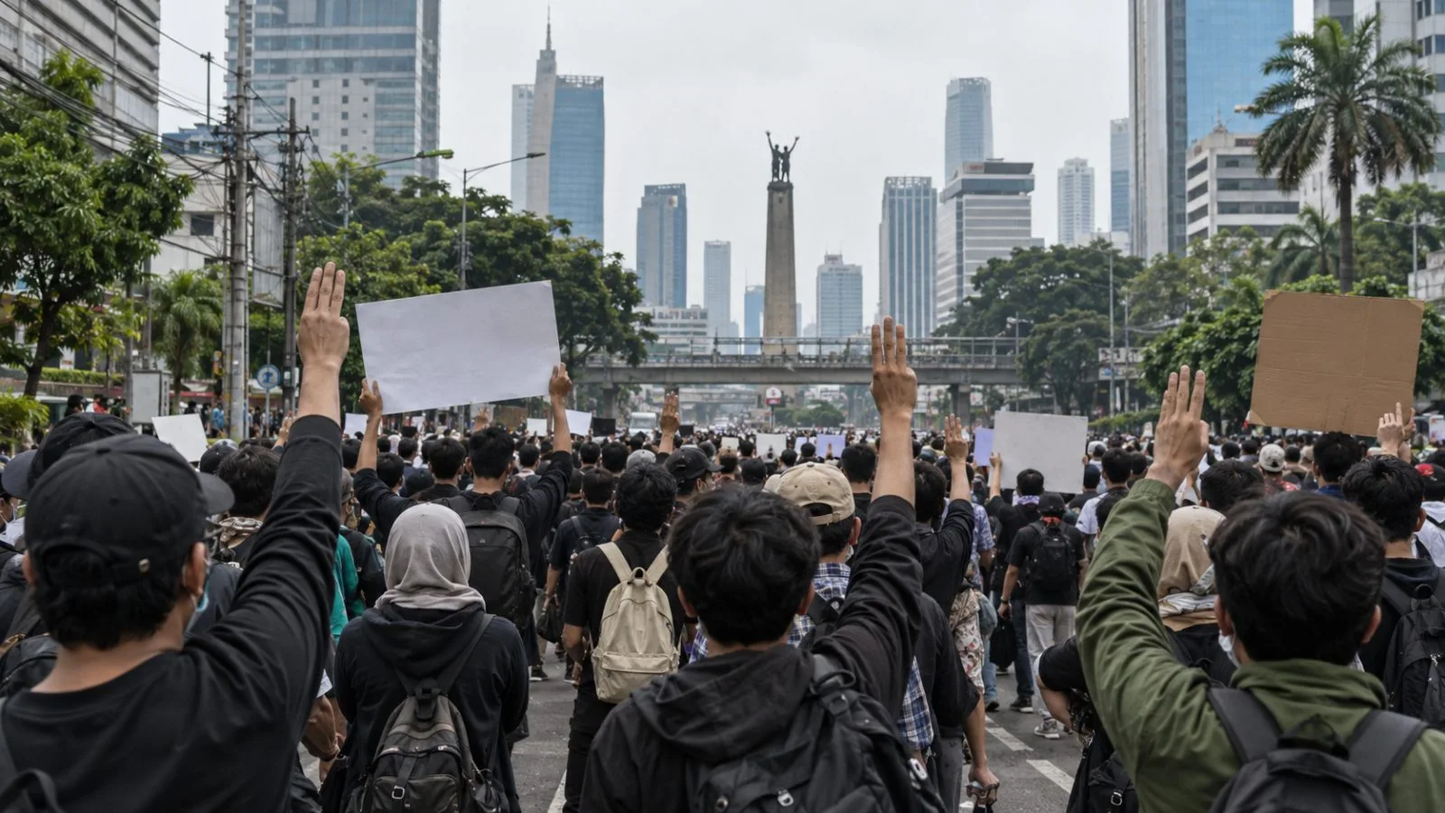 Demonstrators gather on a central Jakarta street to protest the government’s response to wildfires. (AI-generated image / EconoTimes)
