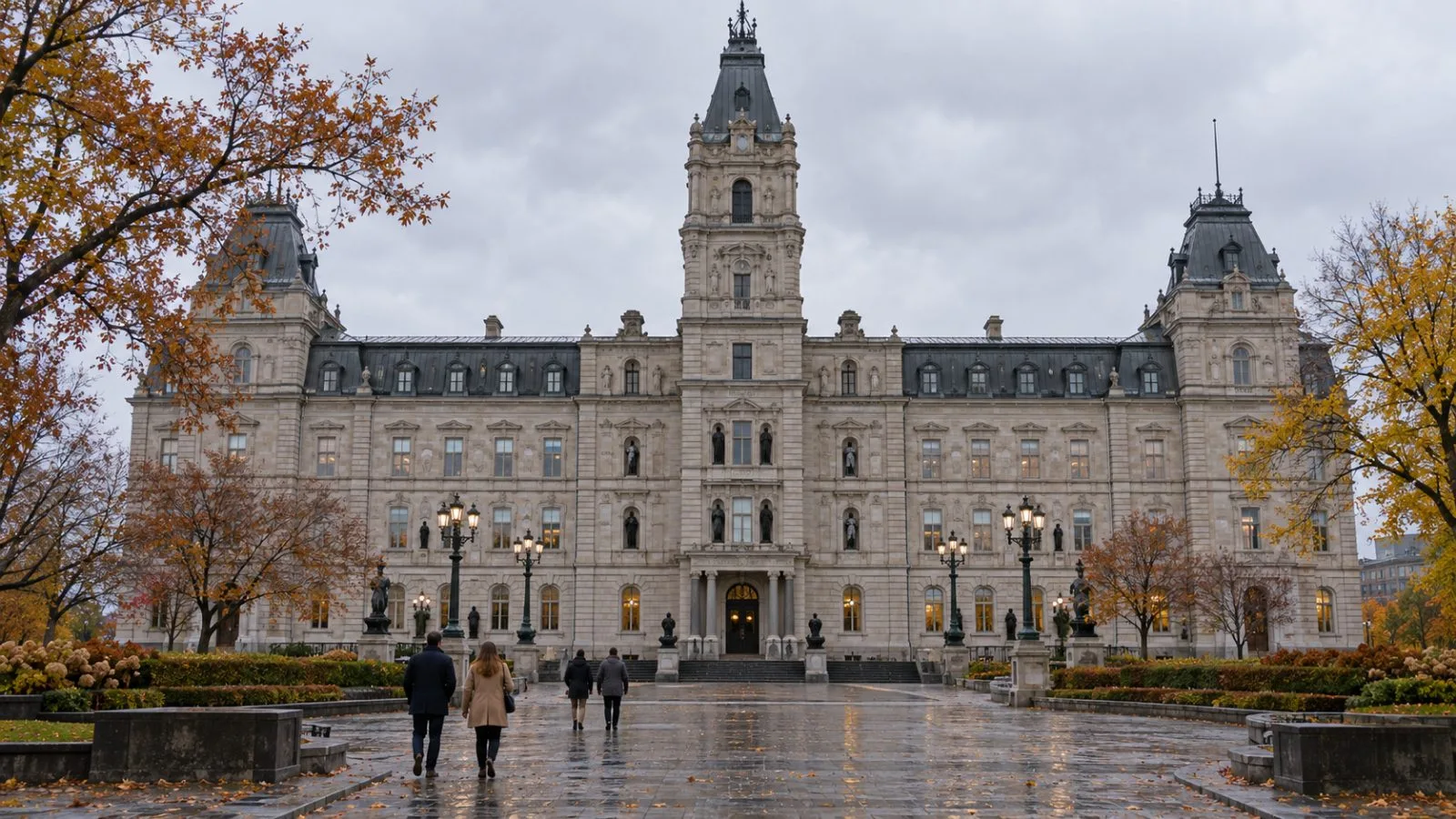 People walk outside Quebec's National Assembly in Quebec City on an overcast afternoon. (AI-generated image / EconoTimes)