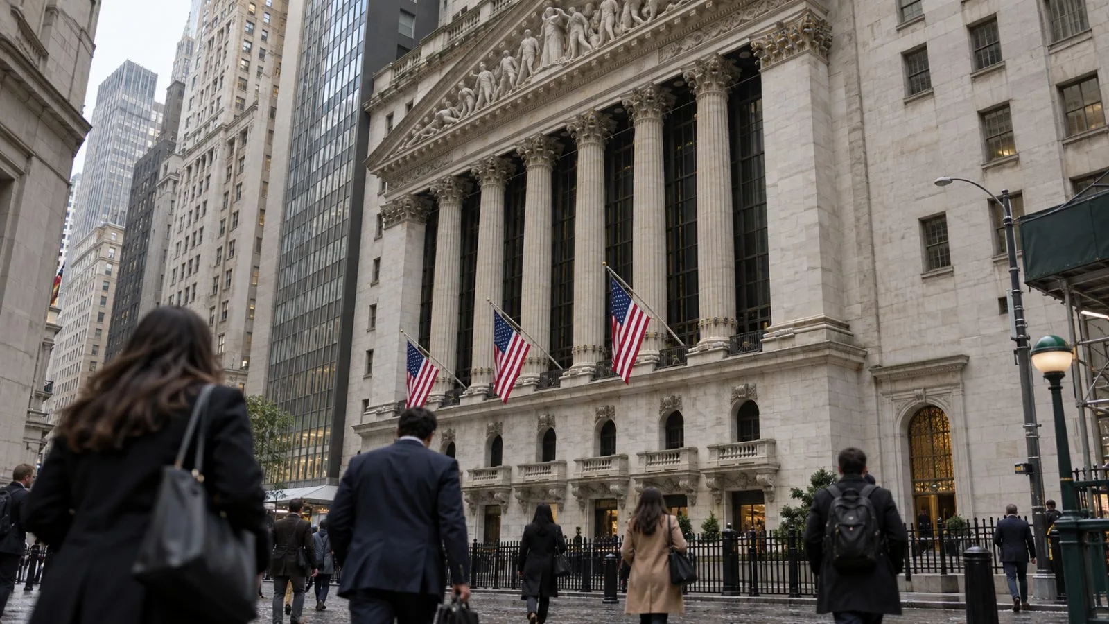 Commuters pass the New York Stock Exchange on Broad Street in Manhattan. (AI-generated image / EconoTimes)