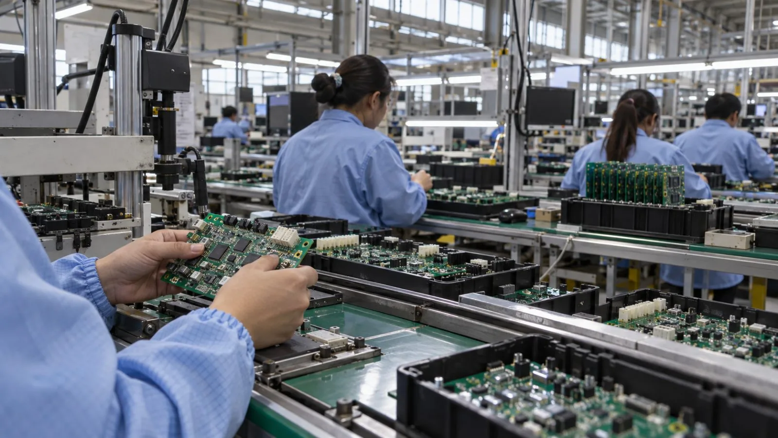 Workers inspect circuit boards on an electronics assembly line in Chonburi, Thailand. (AI-generated image / EconoTimes)