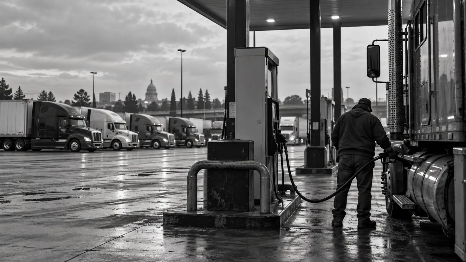 A truck refuels at a diesel pump at a service station in Sacramento, California (AI-generated image / EconoTimes)