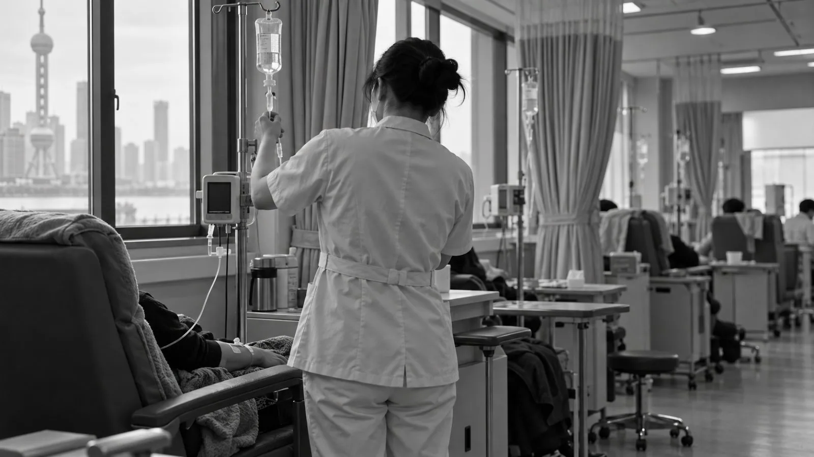 A nurse checks an infusion line beside a patient in an oncology ward in Shanghai, China. (AI-generated image / EconoTimes)