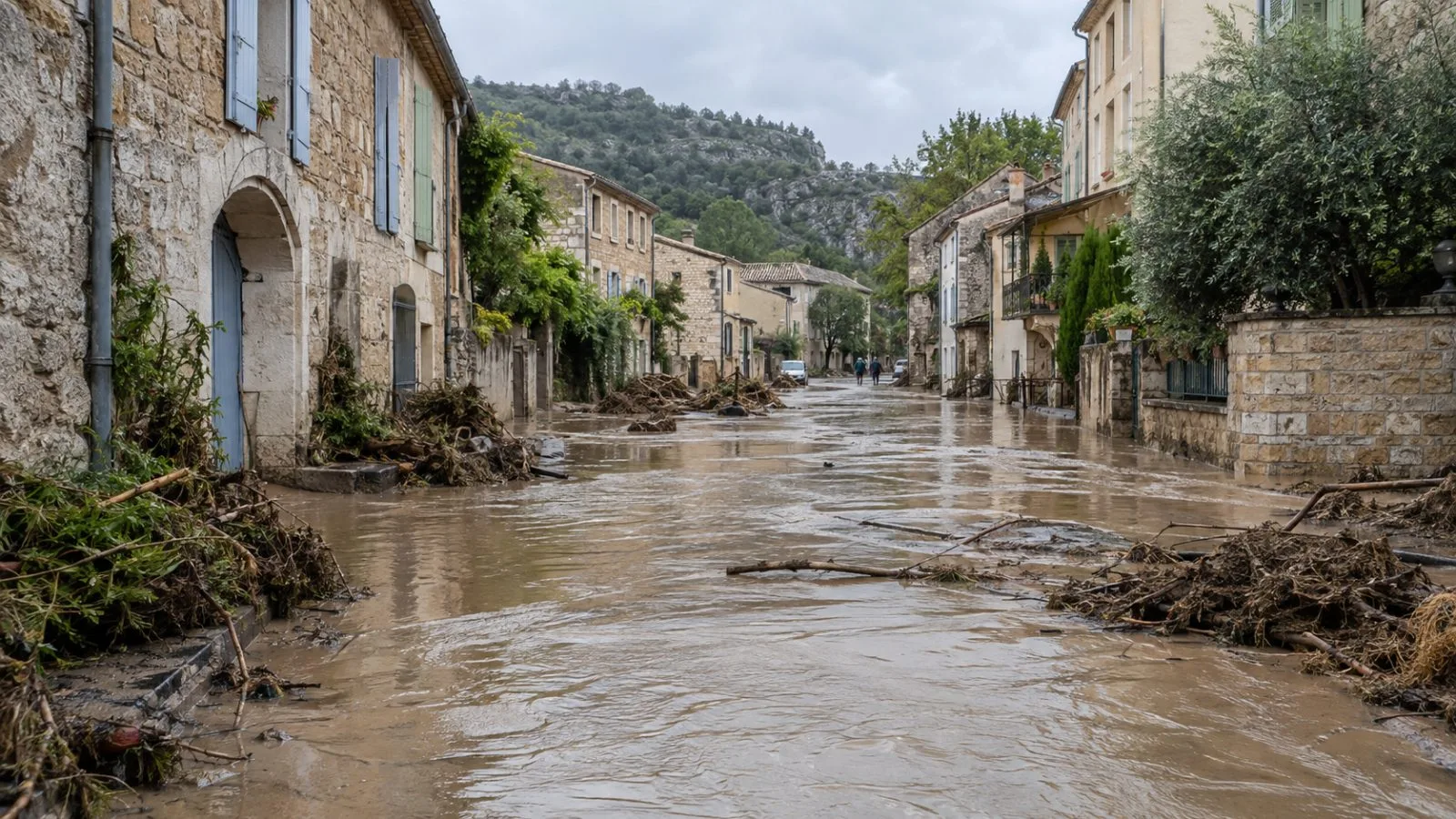 Floodwater covers a village street in the Hérault department of southern France after heavy rain. (AI-generated image / EconoTimes)