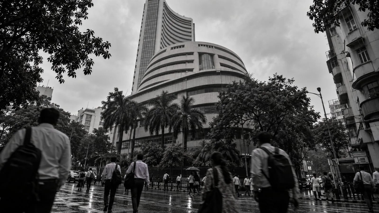 Pedestrians pass the Bombay Stock Exchange building in Mumbai on an overcast afternoon. (AI-generated image / EconoTimes)
