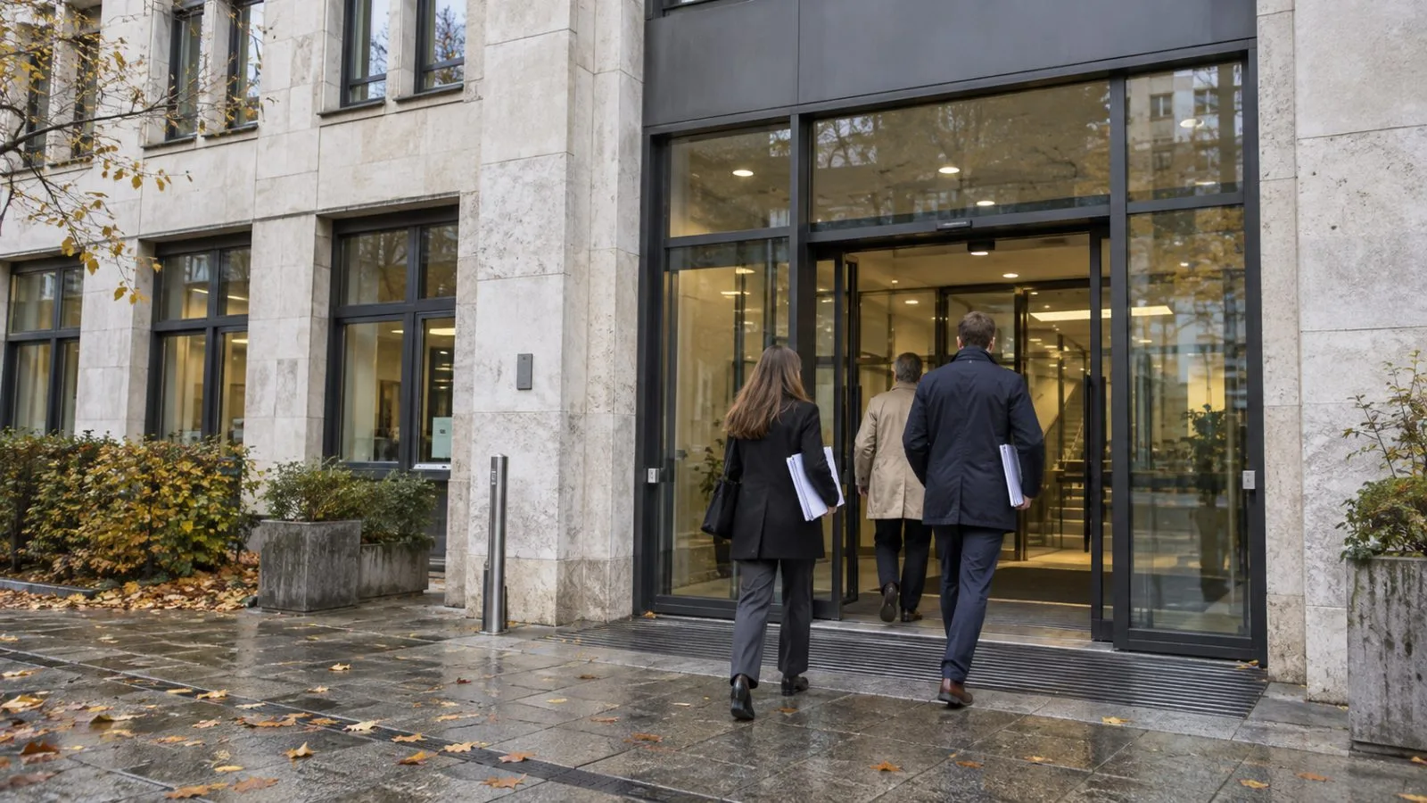 Staff enter the ifo Institute building on an overcast morning in Munich, Germany. (AI-generated image / EconoTimes)