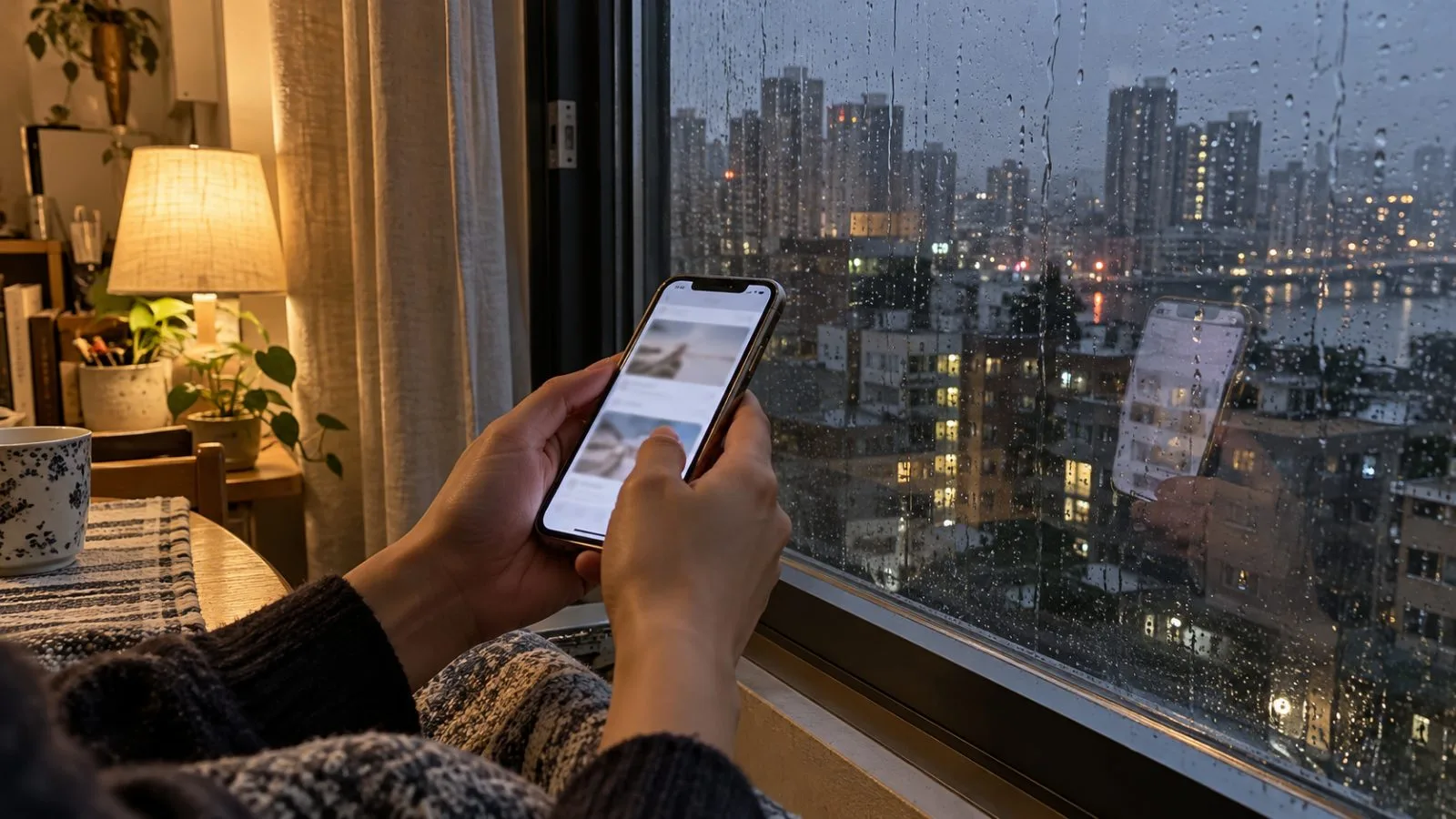 An iPhone is held in a Seoul apartment beside a rain-streaked window. (AI-generated image / EconoTimes)