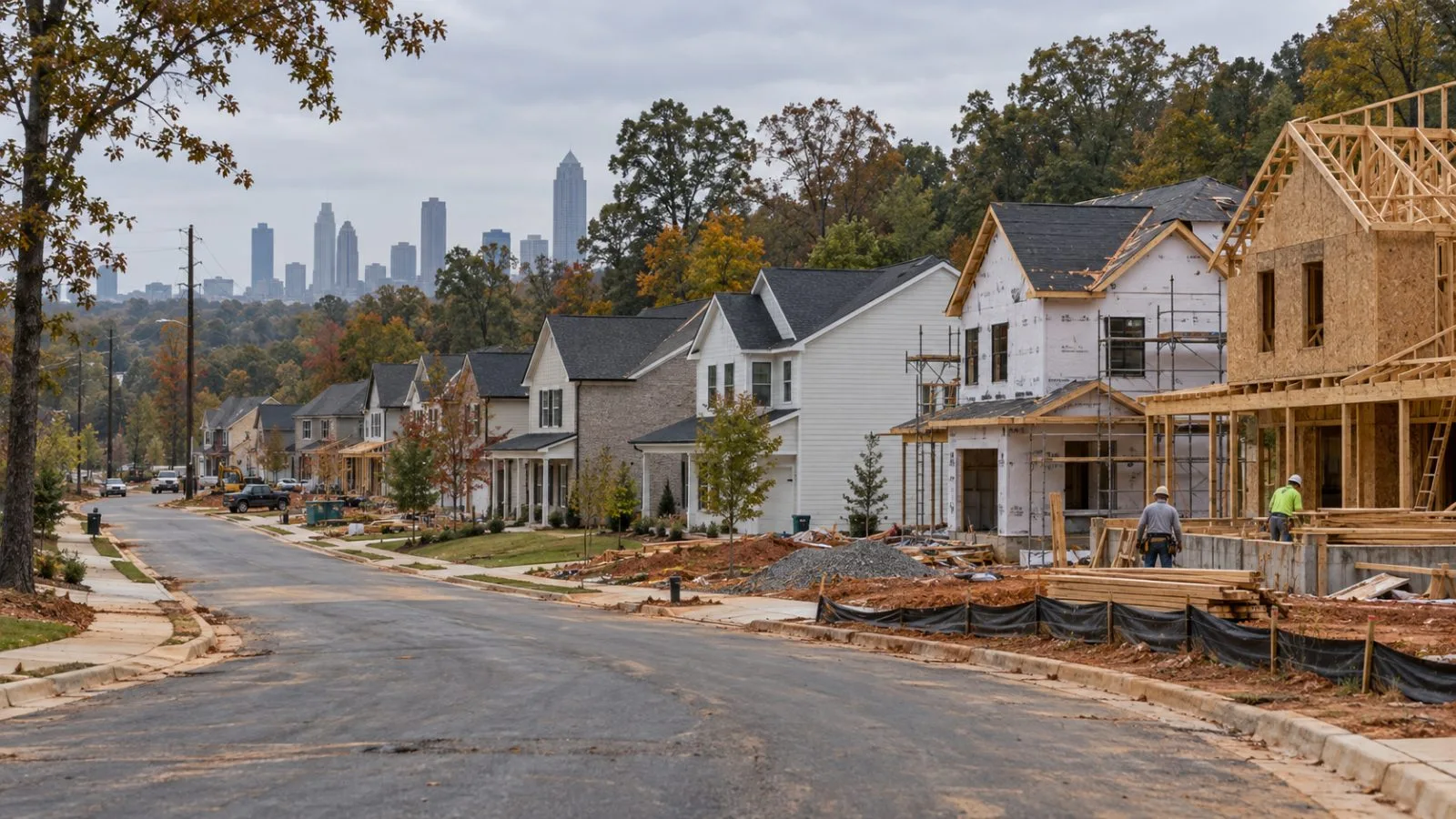 Finished homes stand beside houses under construction at a site in Atlanta, Georgia. (AI-generated image / EconoTimes)