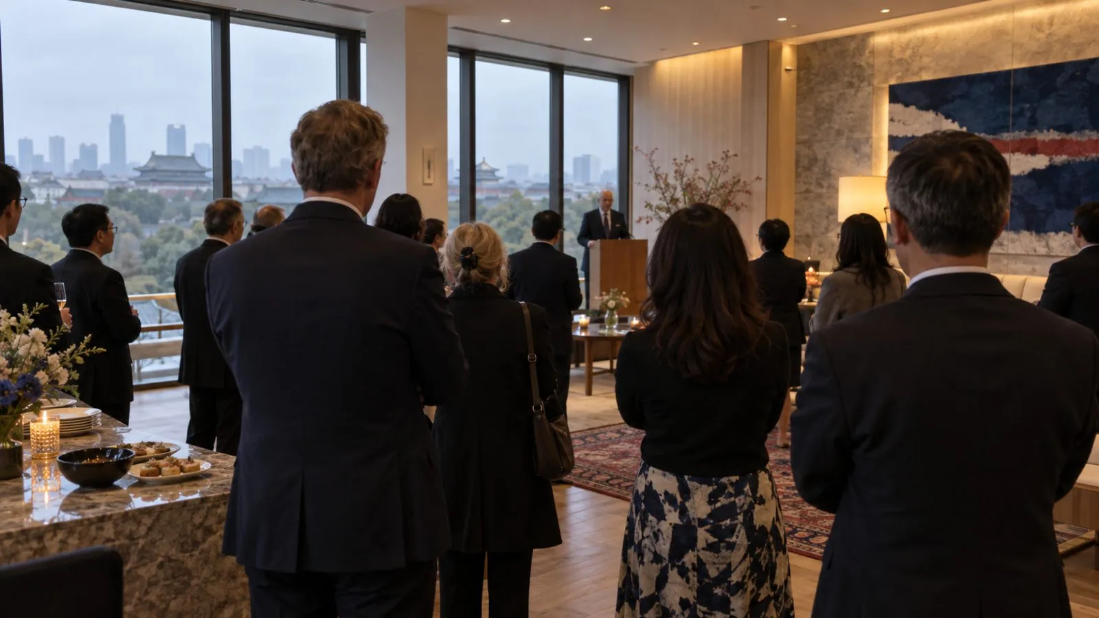 Guests listen during a reception at Iceland's embassy in Beijing, China. (AI-generated image / EconoTimes)