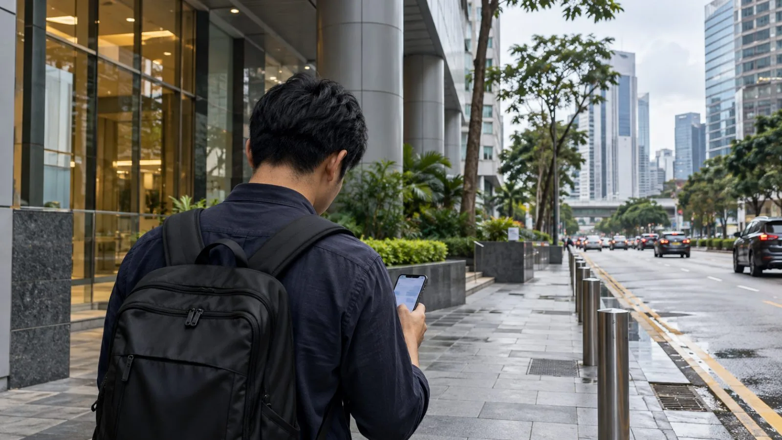 A person checks a phone outside an office building in Singapore. (AI-generated image / EconoTimes)