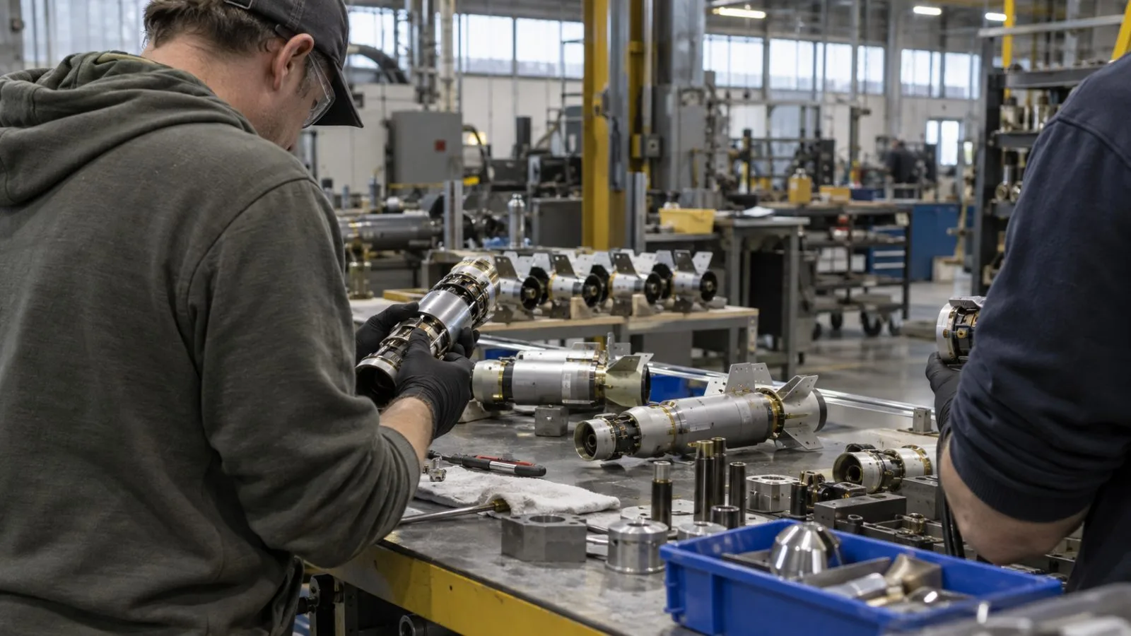 Workers inspect rocket guidance components on a production floor in Hudson, New Hampshire. (AI-generated image / EconoTimes)