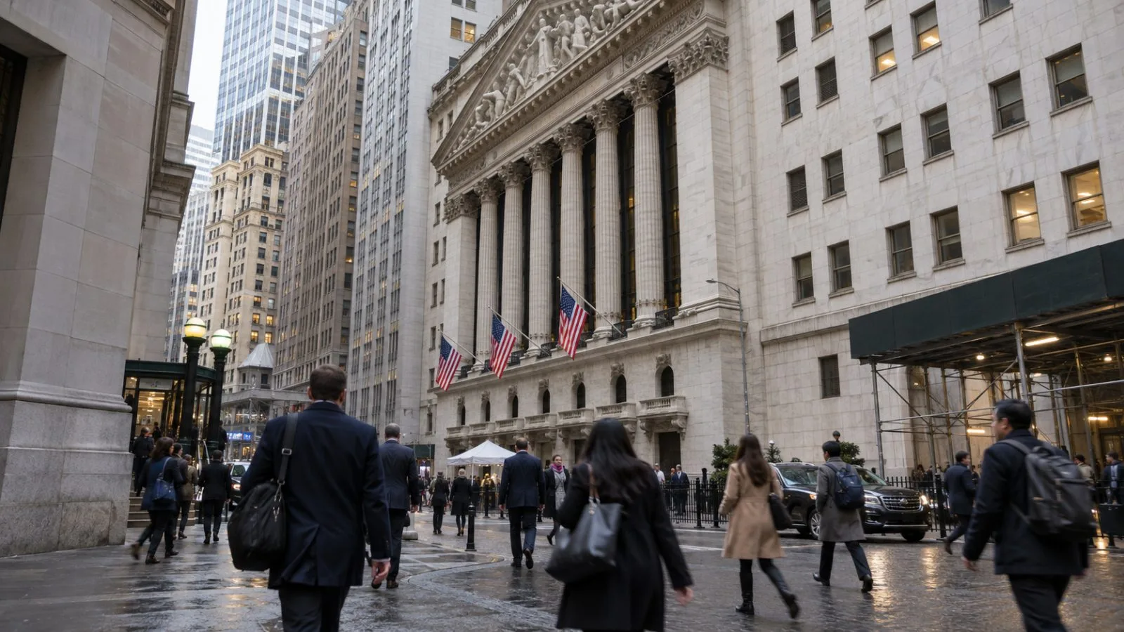Pedestrians cross Broad Street outside the New York Stock Exchange after the market close. (AI-generated image / EconoTimes)