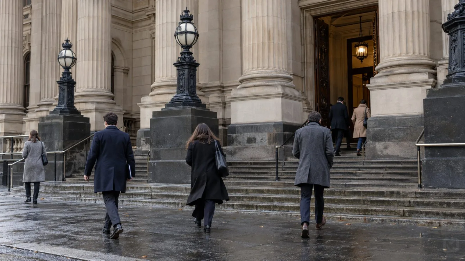 Visitors pass the Supreme Court of Victoria on William Street in Melbourne. (AI-generated image / EconoTimes)