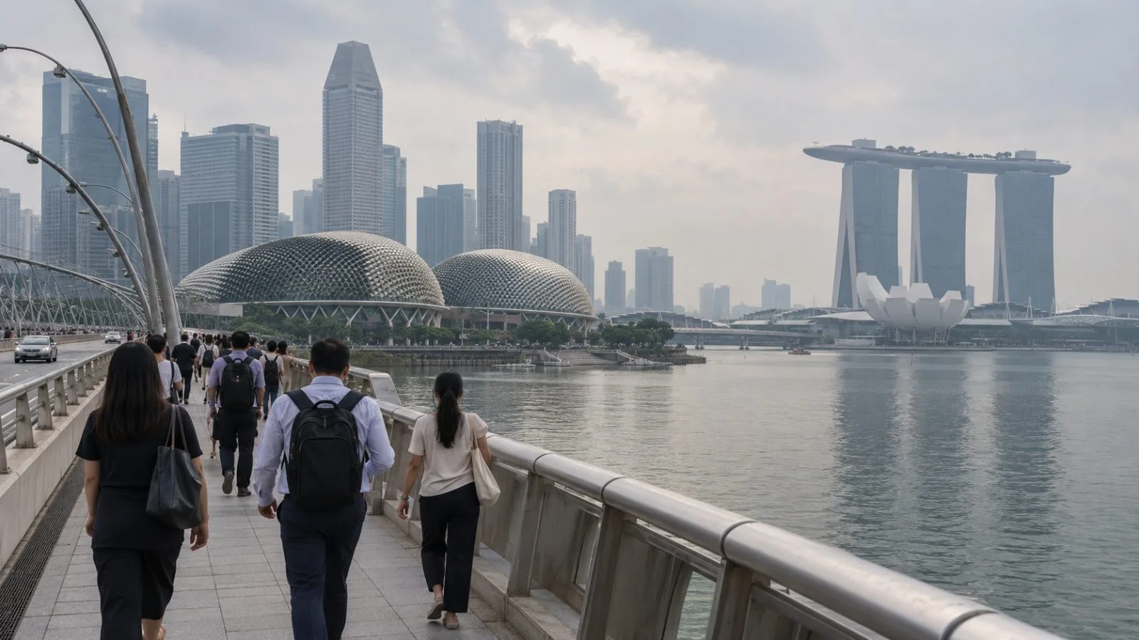 Commuters cross Singapore’s Esplanade Bridge as haze softens the Marina Bay skyline. (AI-generated image / EconoTimes)